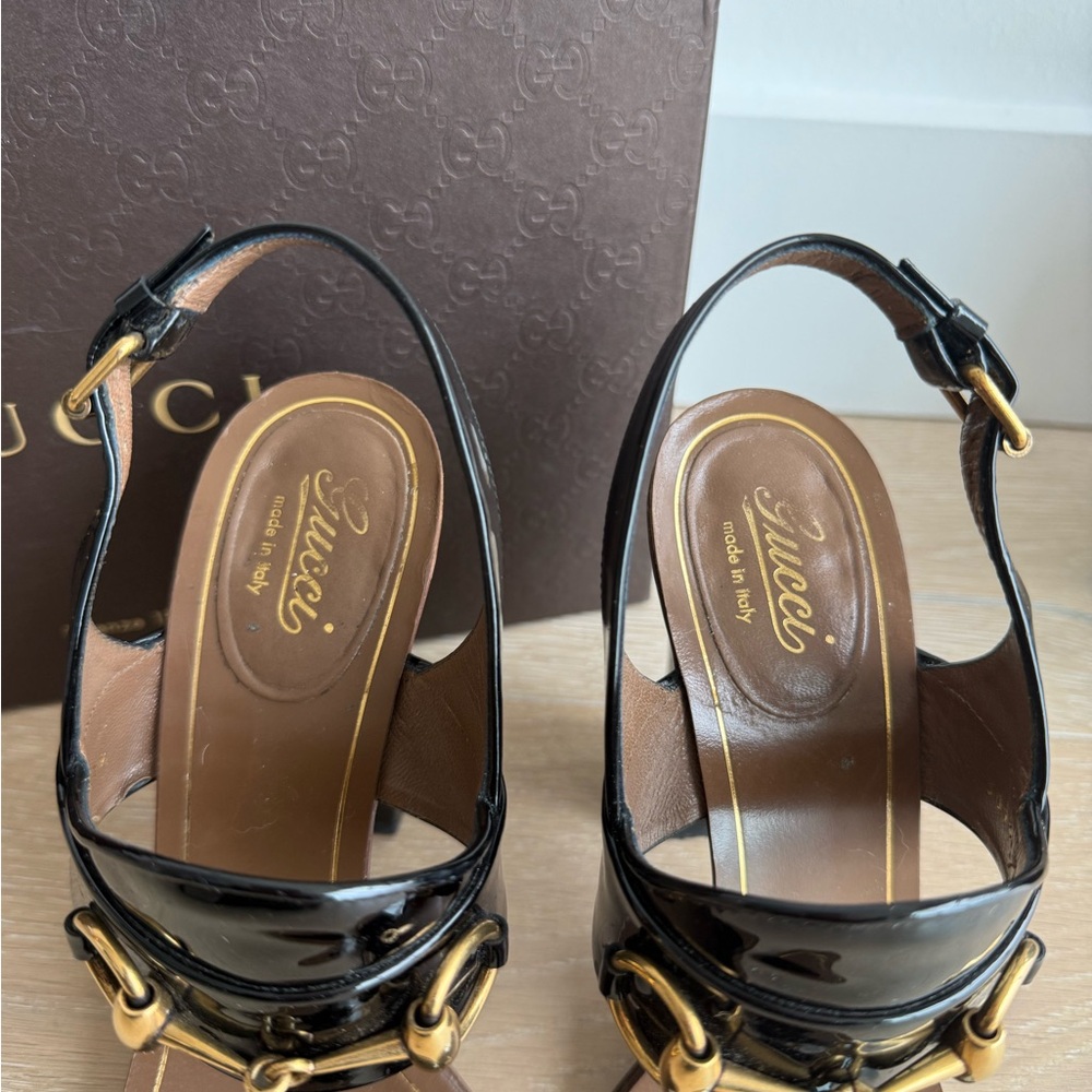 Gucci Black Patent Leather Slingback Block Heel Sandals - 4-5/8" Heel (Approx) - Picture 3 of 6